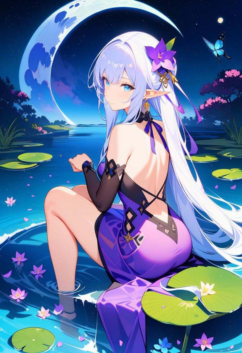 masterpiece,best quality,1girl,solo,long hair,looking at viewer,bangs,blue eyes,hair ornament,dress,bow,bare shoulders,jewelry,sitting,very long hair,closed mouth,flower,white hair,earrings,detached sleeves,sky,pointy ears,looking back,hair flower,water,petals,night,animal,moon,bug,elf,butterfly,night sky,purple dress,full moon,backless outfit,purple flower,crescent moon,blue butterfly,lily pad,