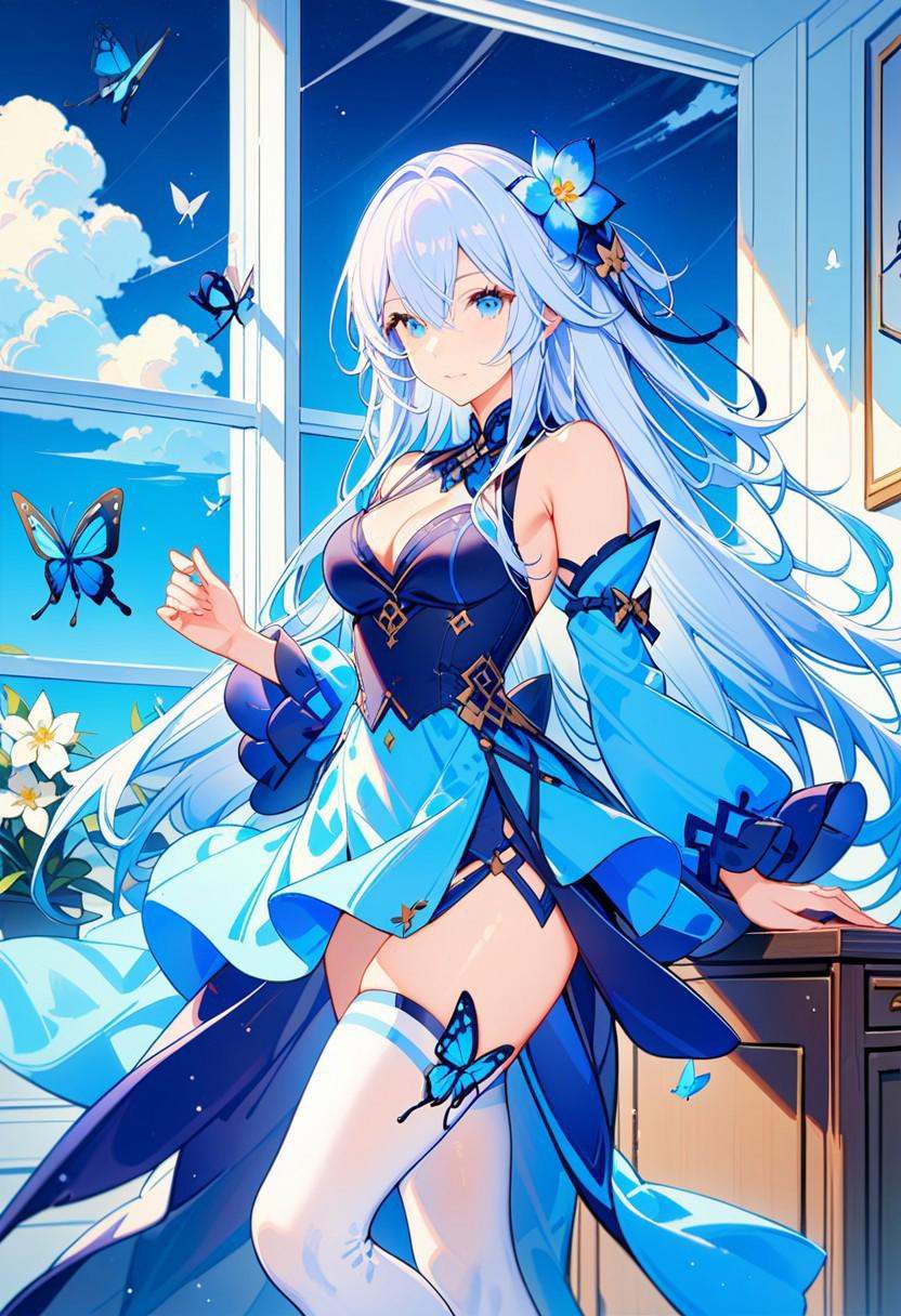 masterpiece,best quality,1girl,solo,long hair,breasts,looking at viewer,bangs,blue eyes,hair ornament,thighhighs,long sleeves,dress,bow,hair between eyes,bare shoulders,medium breasts,blue hair,standing,flower,white hair,detached sleeves,sky,cloud,indoors,hair flower,wide sleeves,from side,white thighhighs,blue sky,book,window,floating hair,blue dress,bug,white flower,butterfly,blue flower,blue theme,drawer,