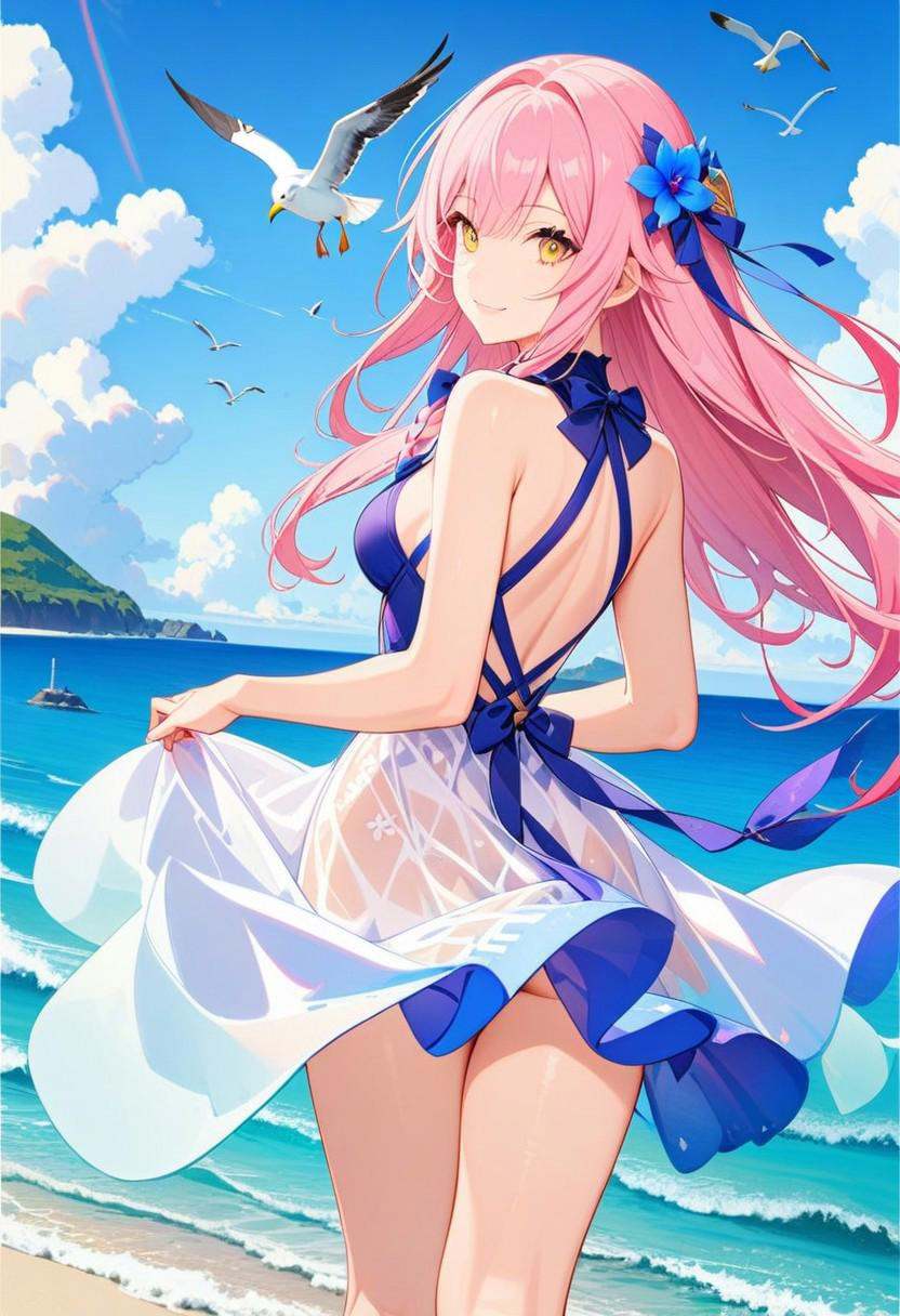masterpiece,best quality,1girl,solo,long hair,breasts,looking at viewer,smile,bangs,hair ornament,dress,bare shoulders,medium breasts,standing,yellow eyes,pink hair,braid,flower,outdoors,sky,sleeveless,day,looking back,cloud,water,from behind,white dress,blue sky,bare arms,bare legs,floating hair,sleeveless dress,bird,ocean,beach,plant,backless outfit,horizon,backless dress,seagull,