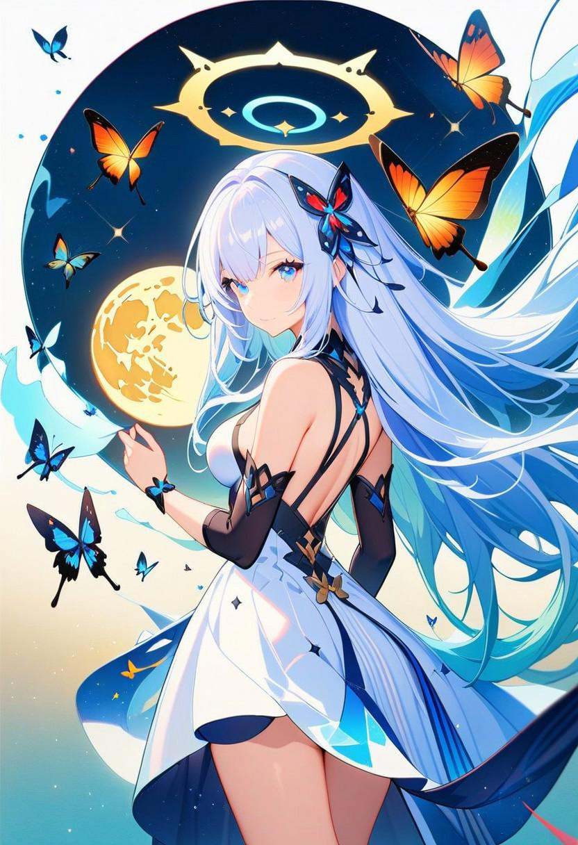 masterpiece,best quality,1girl,solo,long hair,breasts,looking at viewer,bangs,blue eyes,hair ornament,dress,medium breasts,very long hair,closed mouth,white hair,wings,looking back,white dress,floating hair,halo,moon,bug,butterfly,