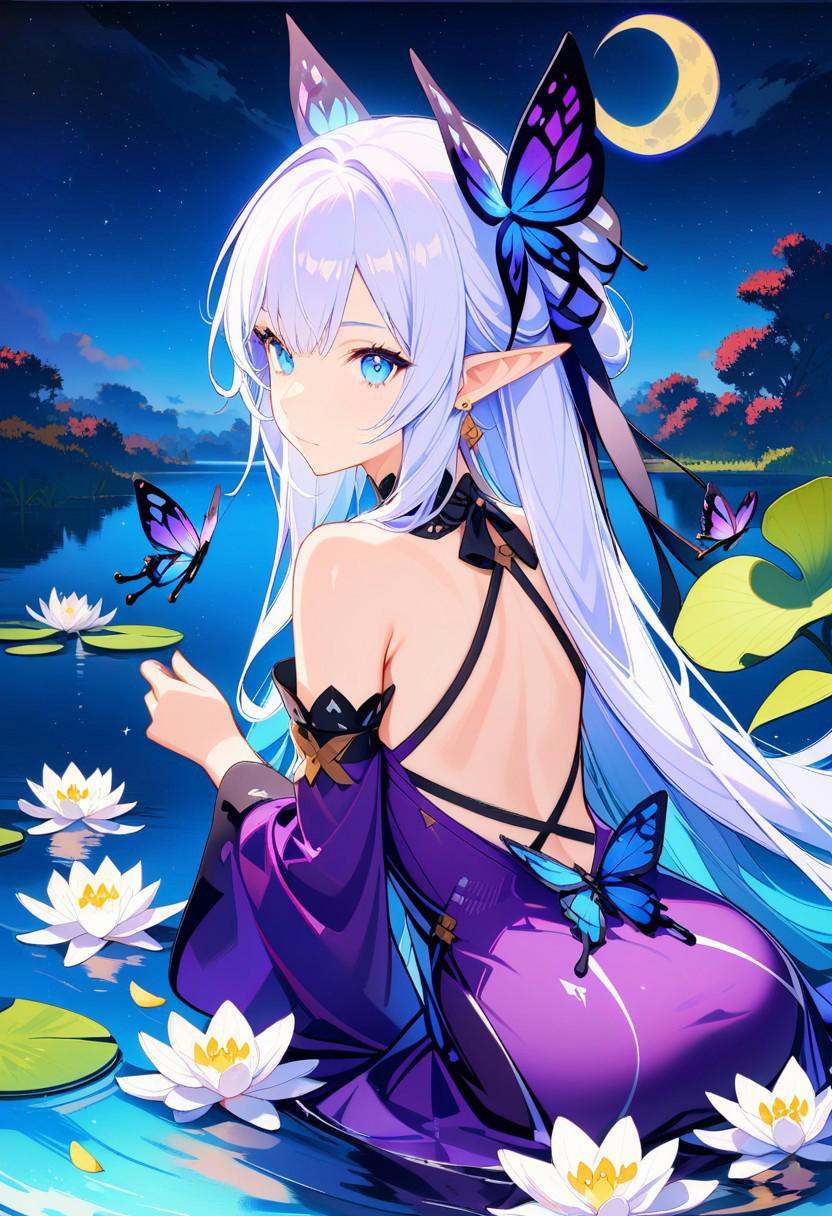 masterpiece,best quality,1girl,solo,long hair,looking at viewer,bangs,blue eyes,hair ornament,dress,bow,bare shoulders,jewelry,sitting,very long hair,closed mouth,flower,white hair,earrings,detached sleeves,sky,pointy ears,looking back,hair flower,water,petals,night,animal,moon,bug,elf,butterfly,night sky,purple dress,full moon,backless outfit,purple flower,crescent moon,blue butterfly,lily pad,