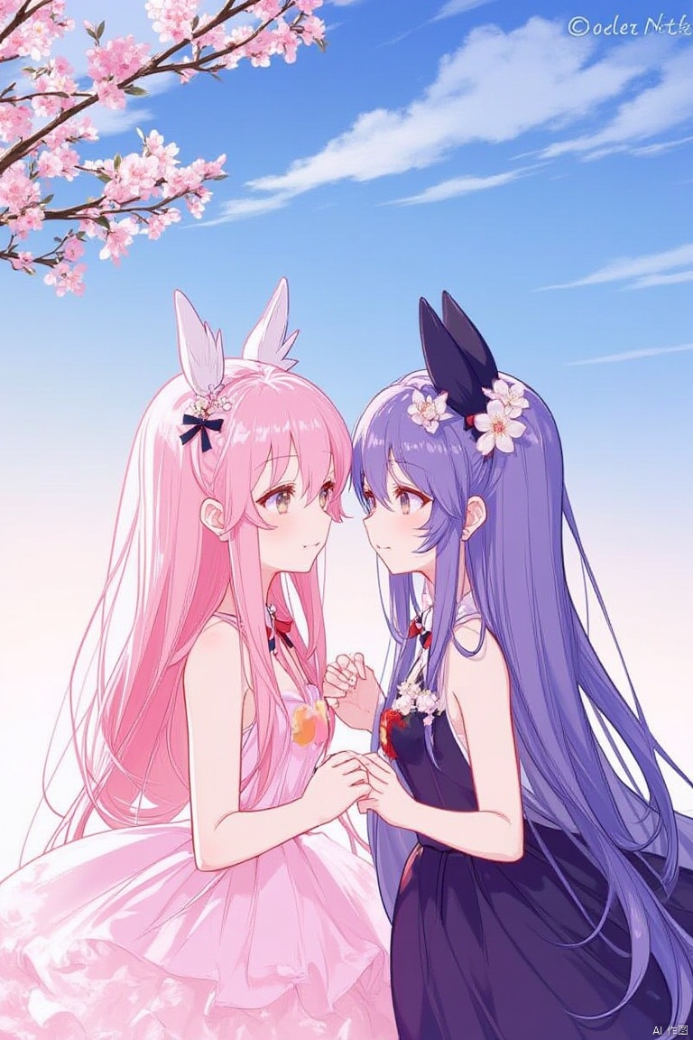 An animated image of two women with long pink hair. The woman on the left is wearing a pink dress with white wings on her shoulders. She is also wearing a black dress with a black bow on her head. The other woman has long purple hair with white flowers on it. Her hair is blowing in the wind. The sky is blue with white clouds. There are pink flowers on the branches above the women.