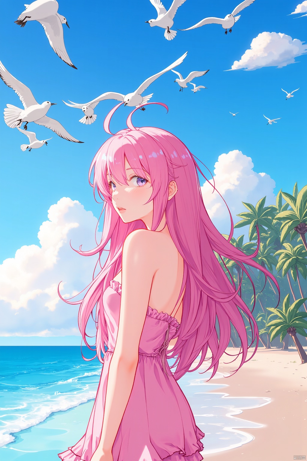 An animated image of a girl with long pink hair and a pink dress. The girl is standing in front of the ocean. There are white seagulls flying in the sky above the girl. The sky is blue with fluffy white clouds. There is a beach on the right side of the image with green palm trees on the left side.
