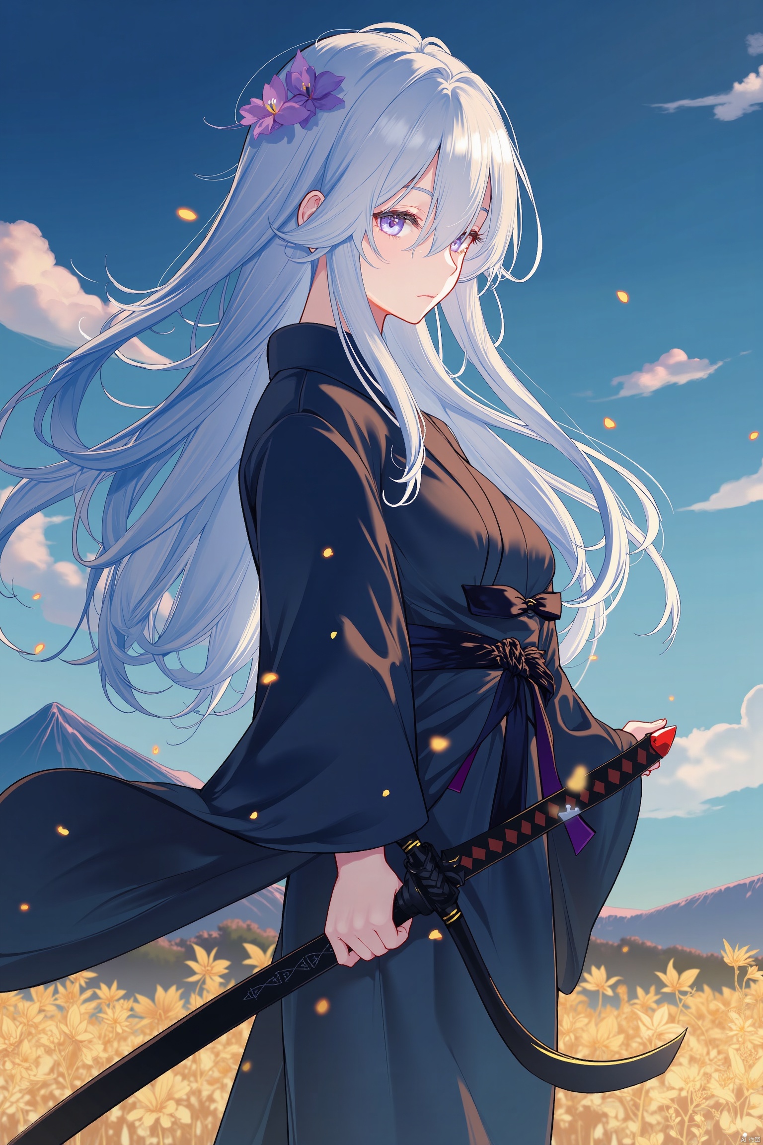 An animated image of an Asian woman with long white hair, wearing a black kimono, standing in a field of wheat. She is holding a black sword in her right hand. The woman's hair is blowing in the wind, adding a pop of color to the scene. The sky is a deep blue, with a few wispy white clouds scattered across it. In the distance, a mountain can be seen.

