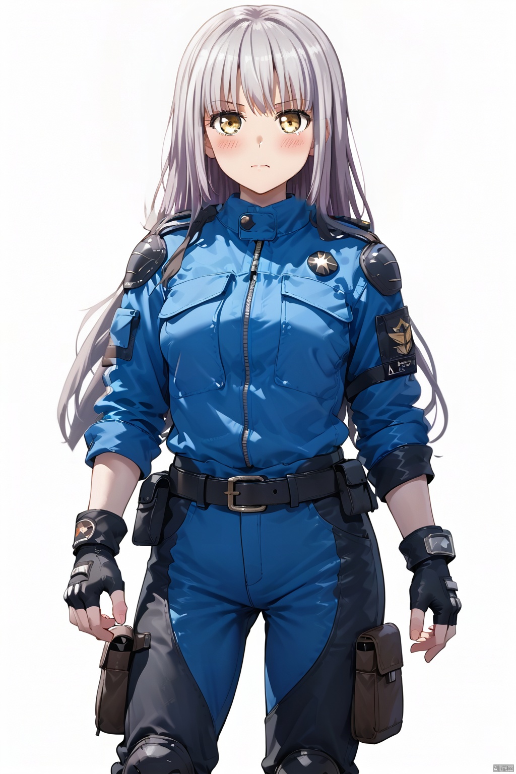 1girl, solo, long hair, looking at viewer, blush, bangs, simple background, gloves, white background, holding, closed mouth, jacket, yellow eyes, white hair, belt, pants, fingerless gloves, uniform, hand on hip, police, police uniform, policewoman,minato yukina,purple hair,Yukina,grey hair