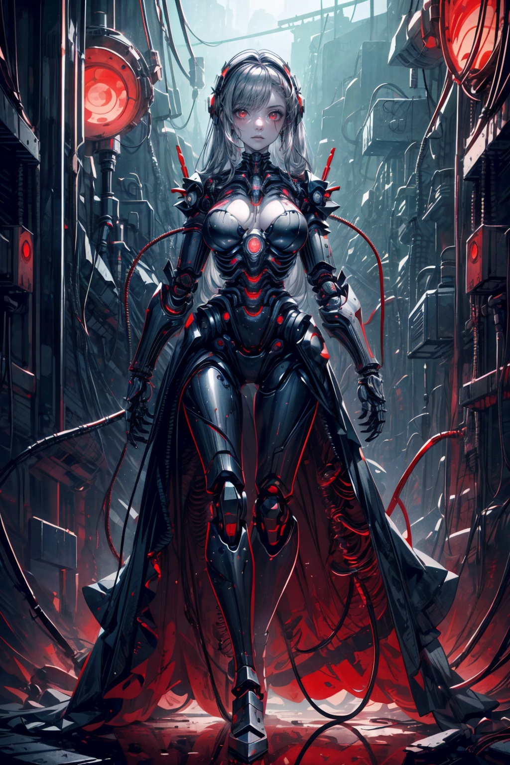 “A highly detailed cybernetic girl with long silver hair and large,  expressive red eyes. She wears a futuristic,  tight-f...