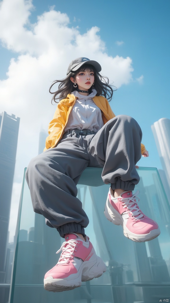 Masterpiece, best quality, amazing details,1girl, baseball cap, black hair, choke, earrings, looking from bottom to top, shoes close to camera, full body, hooded shirt and pants, sitting on a glass wall, hat, jacket, long hair, belt around pants, pink sports shoes, looking at the audience, outdoor, skyscrapers, sports shoes, single person, blue sky, blurry background, buildings, cities, clouds, cloudy sky, depth of field,