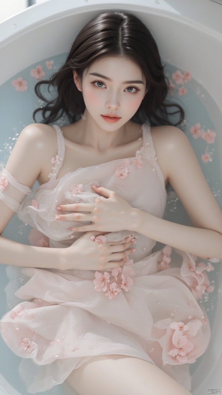Masterpiece, best quality, amazing details,a young Asian woman is seated in a bathtub filled with water. She is wearing a light pink dress adorned with pink flowers, her hair cascades over her shoulders and shoulders. Her eyes are a piercing blue, her lips are pursed in a pink hue. Her arms are draped across her body, adding a touch of contrast to her dress. The bathtub is adorned with water droplets, creating a peaceful and serene atmosphere.