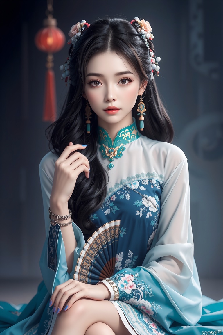 Masterpiece, best quality, amazing details,1girl,Chinese Yi ethnic clothing, black hair, bracelet, brown eyes, chinese clothes, dress, earrings, hair ornament, hand fan, jewelry, lips, looking at viewer, parted lips, sitting, solo, watch, wristband