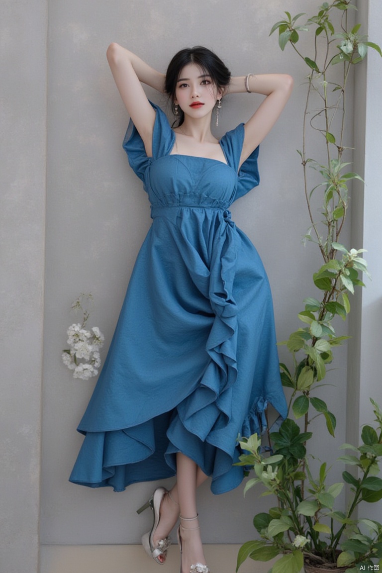 Masterpiece, best quality, amazing details,1girl,blue dress,breasts,dress,earrings,black hair,Girl's posture,barefoot,anklet,armpits,flower,Blue dress,Backed against the wall,Place  hands behind  head,Dynamic pose,arms up,high heels,jewelry,long hair,looking at viewer,makeup,plant,red lips,smile,standing

