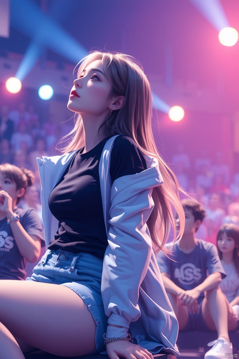 Masterpiece, best quality, amazing details,1girl, blonde hair, earrings, jacket, looking up, black T-shirt, looking from below,  shoes, shorts, sitting, single person focus, long hair, looking at the audience, blurred motion, blurred background, depth of field,