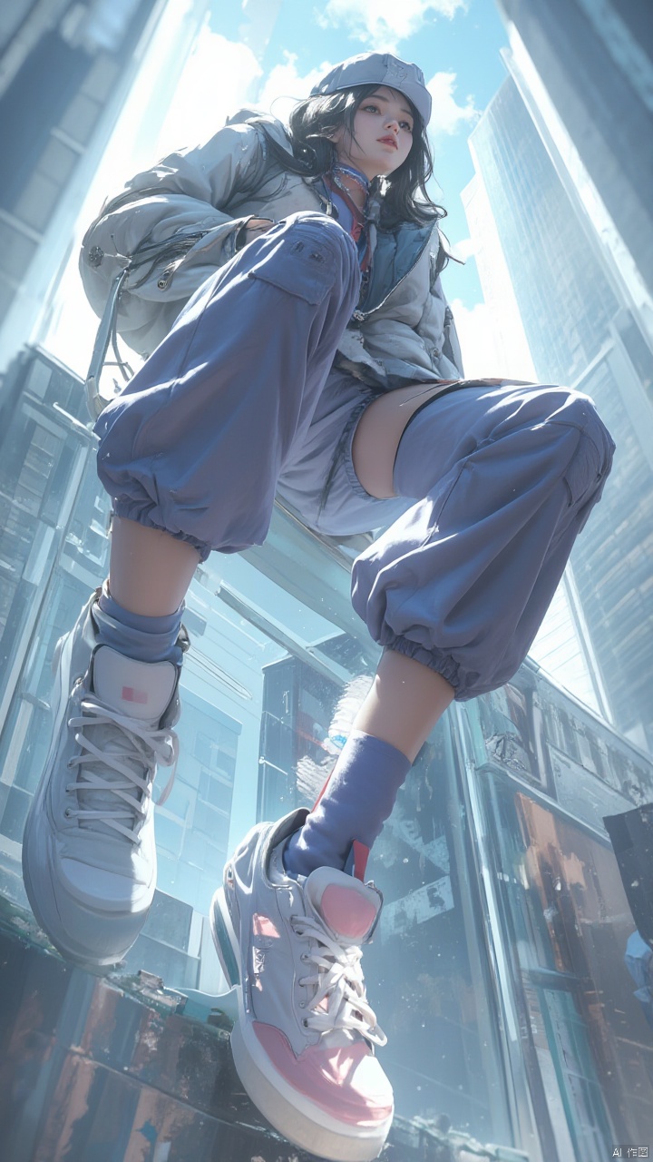 Masterpiece, best quality, amazing details,1girl, baseball cap, black hair, choke, earrings, looking from bottom to top, shoes close to camera, full body, hooded shirt and pants, sitting on a glass wall, hat, jacket, long hair, belt around pants, pink sports shoes, looking at the audience, outdoor, skyscrapers, sports shoes, single person, blue sky, blurry background, buildings, cities, clouds, cloudy sky, depth of field,