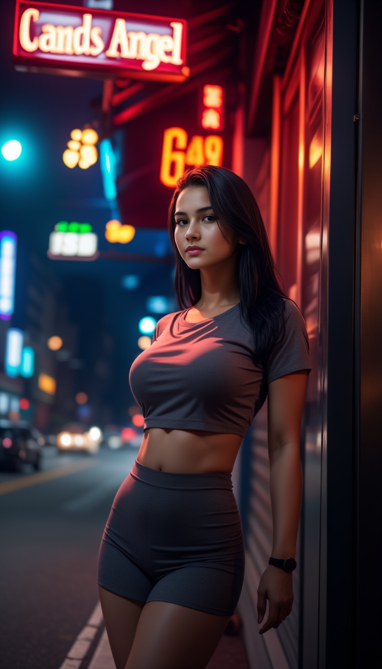 On the night city street,  neon light,  dim light on Tensor.Art