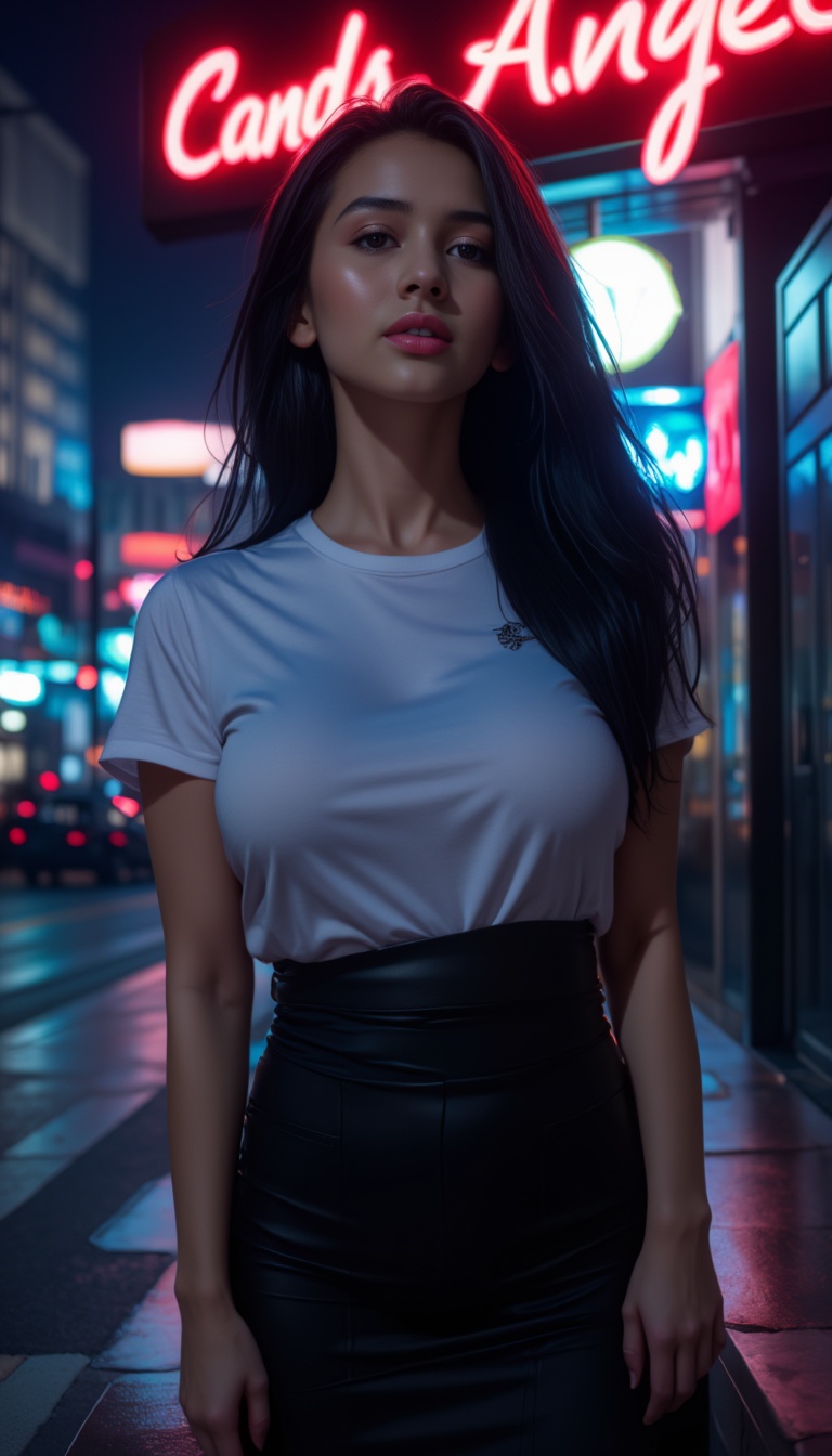 On the night city street,  neon light,  dim light on Tensor.Art