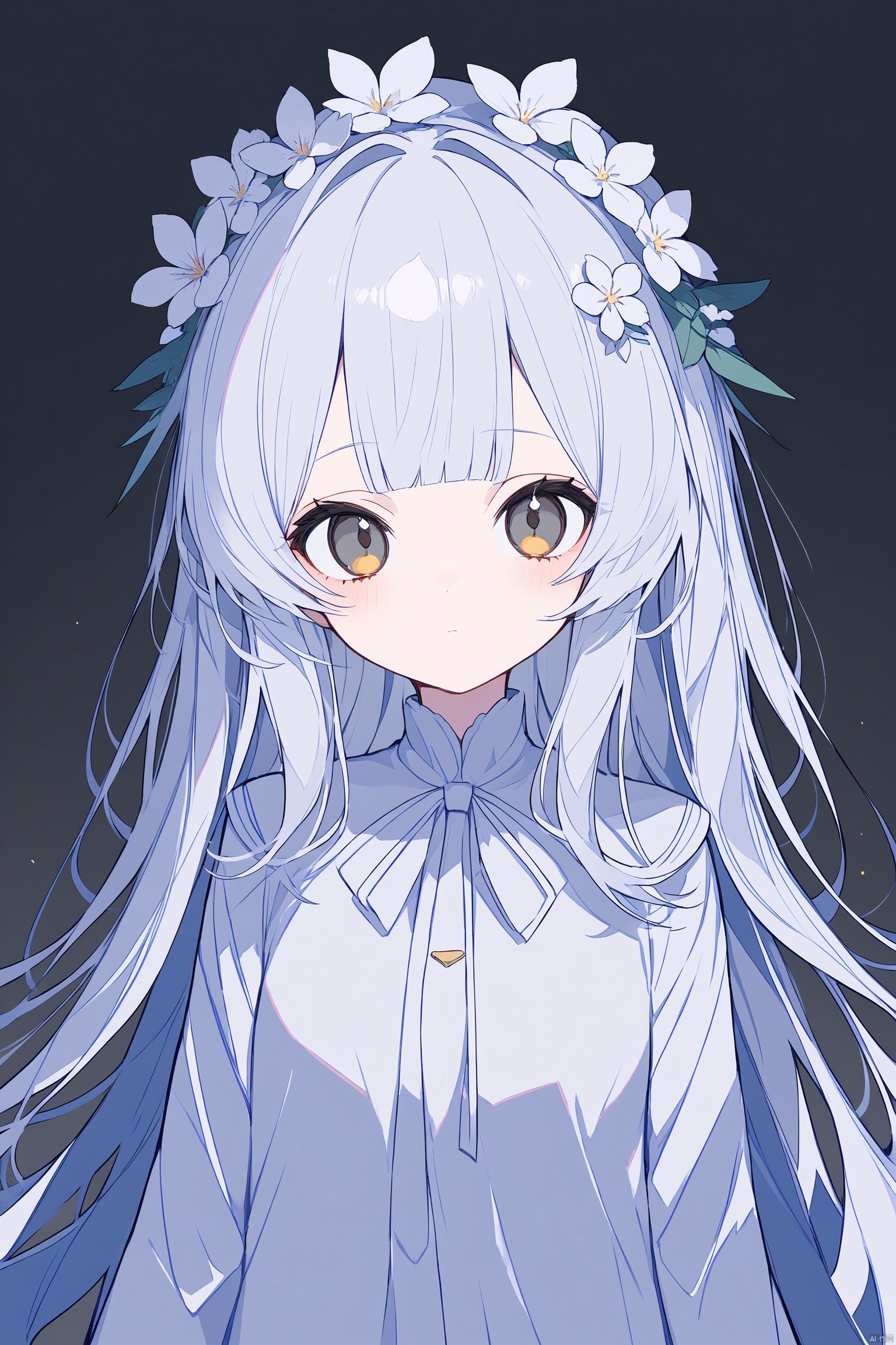 (masterpiece),(best quality),1girl, bangs, bright_pupils, closed_mouth, flower, grey_background, hair_ornament, long_hair, looking_at_viewer, solo, upper_body, very_long_hair, white_flower, white_pupils