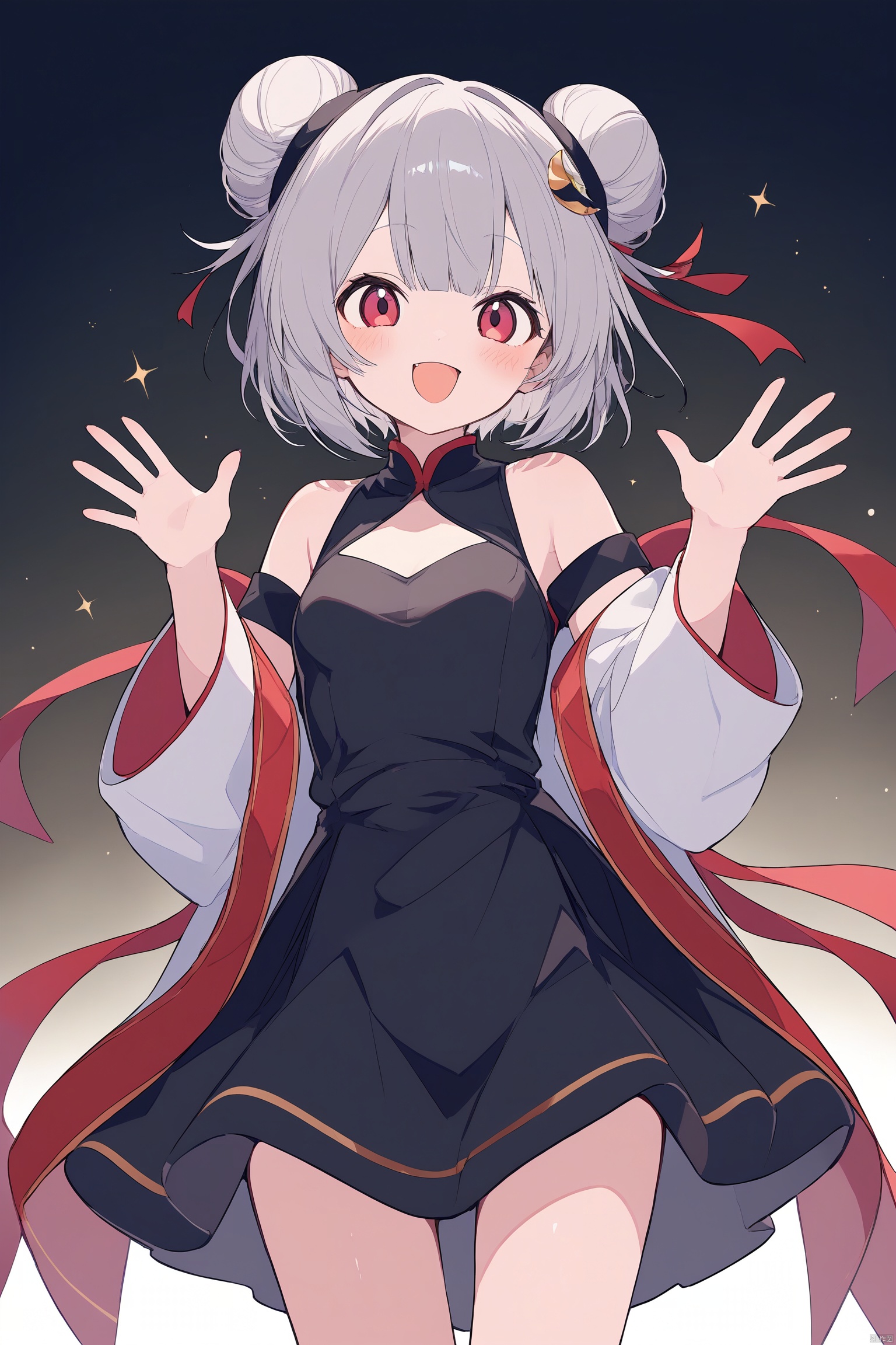 1girl, solo, red eyes, hair bun, dress, chinese clothes, breasts, open mouth, china dress, double bun, detached sleeves, hair ornament, smile, grey hair, bare shoulders, bangs, looking at viewer, black dress, :3, virtual youtuber, white background, short hair, medium breasts, eyeshadow, fang, makeup, blush