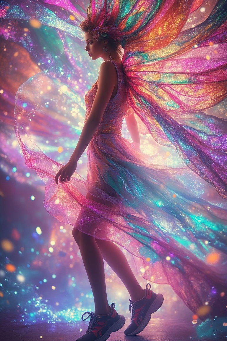 Full body shot of a woman wearing a flowing dress and sneakers,  vibrant psychedelic patterns swirling around her,  glowin...