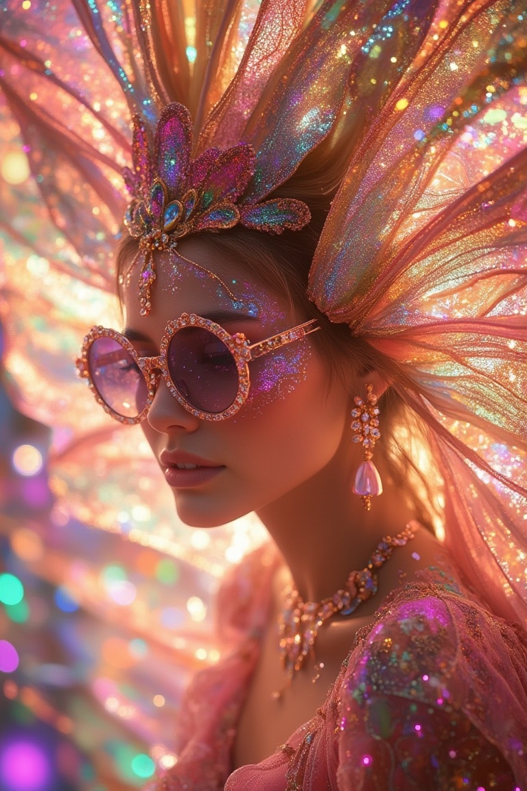 Close-up of a beautiful princess wearing a flowy dress and small round sunglasses,  vibrant psychedelic patterns swirling...