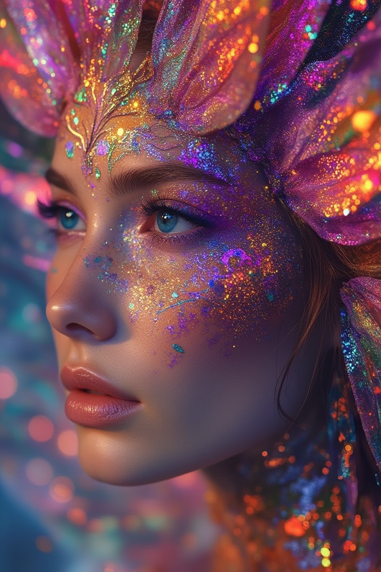 Close-up of a beautiful woman's face,  vibrant psychedelic colors swirling around her,  intricate patterns on her skin on...