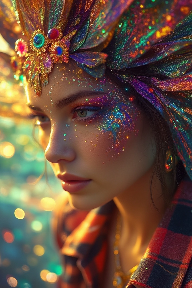 Close-up of a woman wearing a flannel shirt,  her face adorned with intricate psychedelic patterns,  vibrant colors swirli...