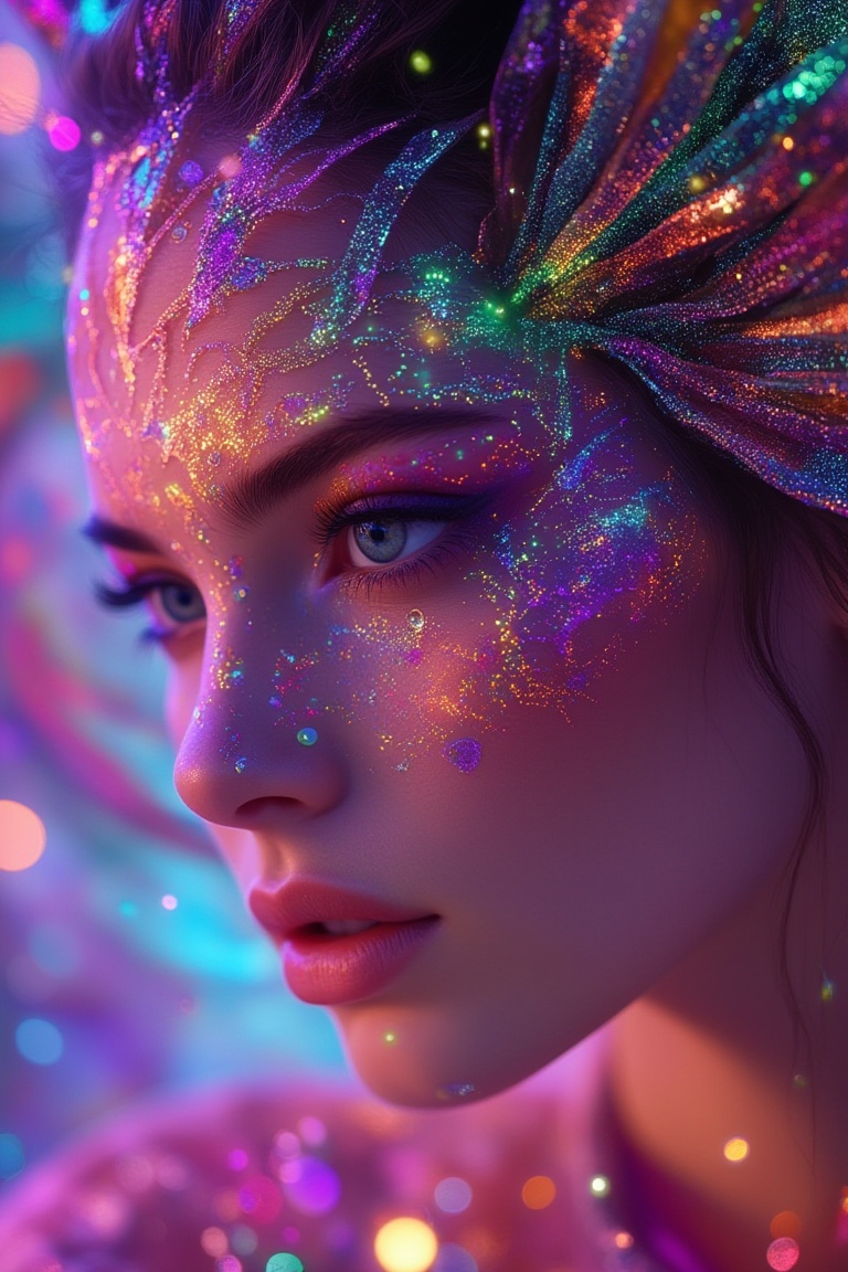 Close-up of a beautiful woman's face,  vibrant psychedelic colors swirling around her,  intricate patterns on her skin on...