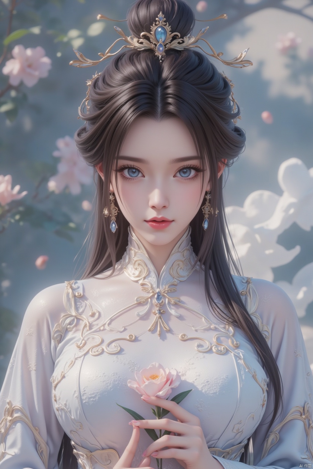 1girl, solo, looking at viewer, blue eyes, brown hair, black hair, hair ornament, long sleeves, dress, holding, jewelry, upper body, flower, earrings, necklace, hair bun, blurry, blurry background, chinese clothes, single hair bun, hanfu