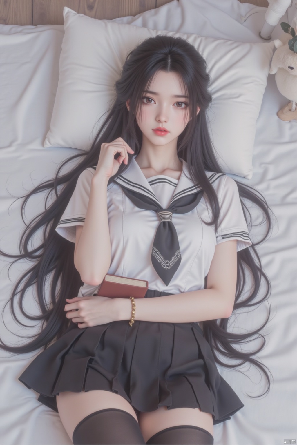 1girl, solo, long hair, looking at viewer, skirt, shirt, black hair, thighhighs, holding, brown eyes, school uniform, white shirt, short sleeves, pleated skirt, lying, serafuku, black thighhighs, indoors, on back, black skirt, sailor collar, black eyes, lips, neckerchief, pillow, book, holding book