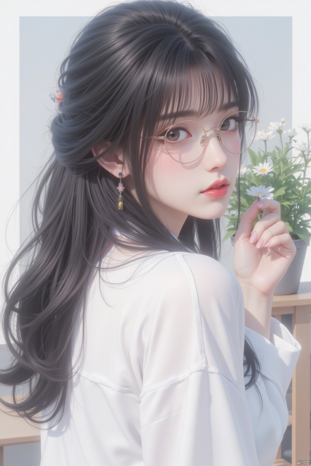 1girl, solo, long hair, looking at viewer, blush, bangs, shirt, black hair, long sleeves, brown eyes, jewelry, closed mouth, white shirt, upper body, flower, earrings, glasses, day, from side, lips, plant, potted plant