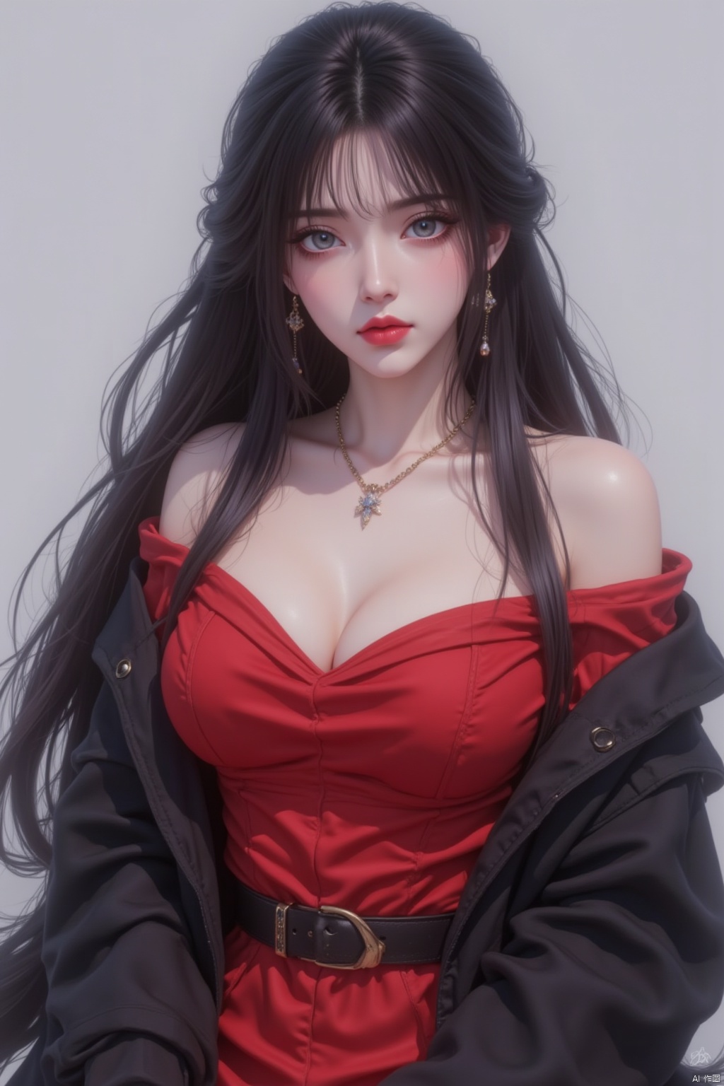 1girl, solo, long hair, breasts, looking at viewer, bangs, black hair, dress, jewelry, very long hair, jacket, earrings, belt, necklace, off shoulder, black jacket, grey eyes, makeup, wavy hair, red dress, lipstick, black belt, red lips