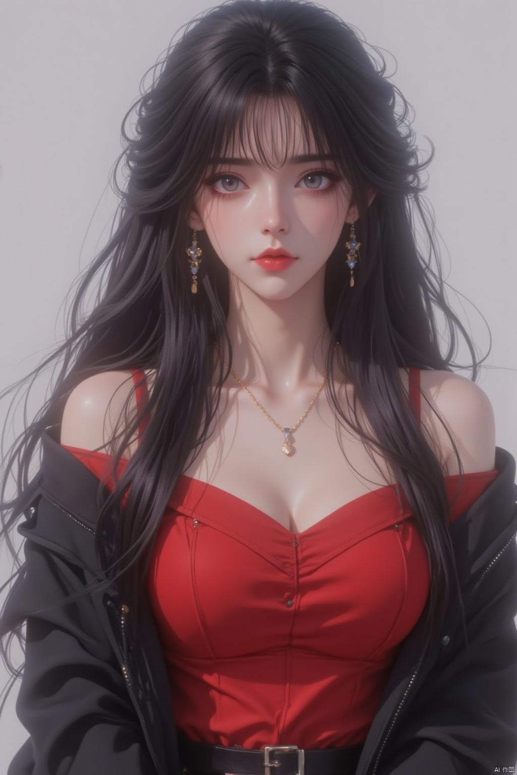 1girl, solo, long hair, breasts, looking at viewer, bangs, black hair, dress, jewelry, very long hair, jacket, earrings, belt, necklace, off shoulder, black jacket, grey eyes, makeup, wavy hair, red dress, lipstick, black belt, red lips