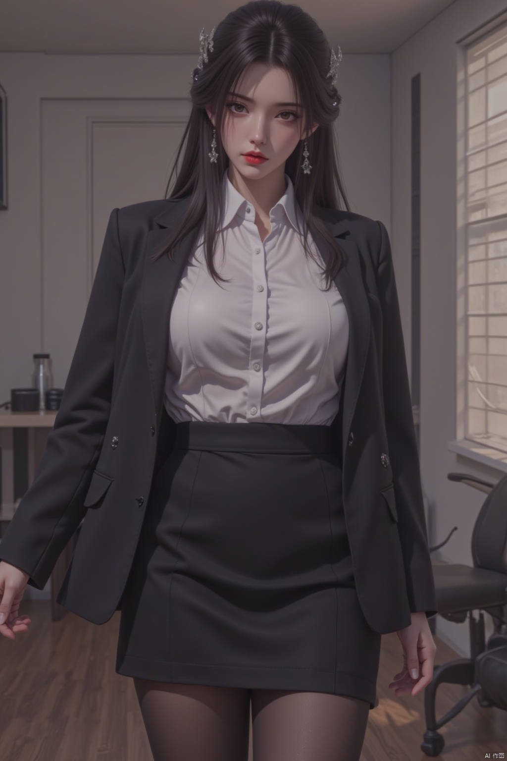 1girl, solo, long hair, breasts, looking at viewer, skirt, shirt, black hair, hair ornament, jewelry, standing, jacket, full body, white shirt, pantyhose, earrings, open clothes, collared shirt, indoors, miniskirt, black skirt, black footwear, high heels, black jacket, black pantyhose, formal, suit, pencil skirt, red lips, office lady, skirt suit