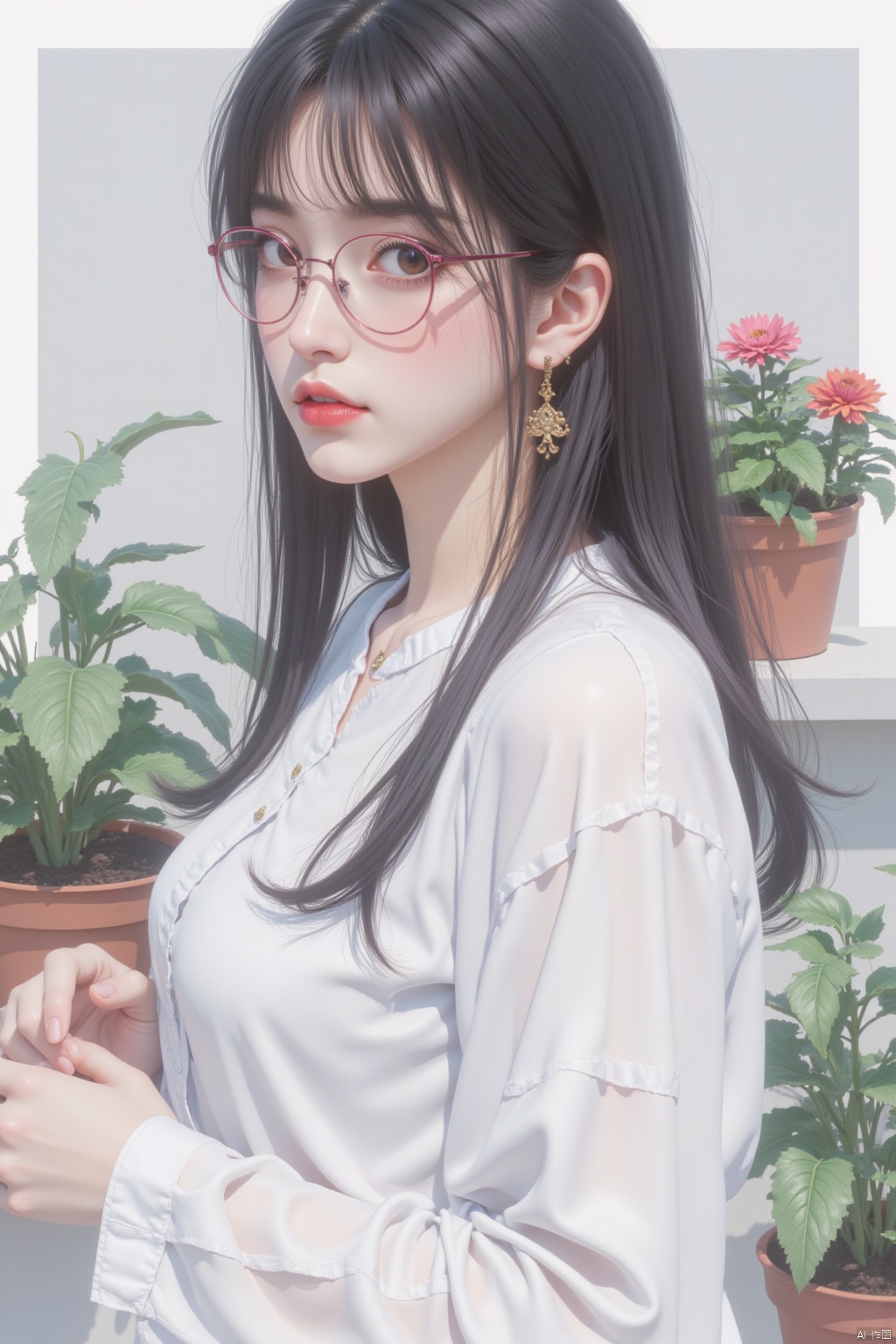 1girl, solo, long hair, looking at viewer, blush, bangs, shirt, black hair, long sleeves, brown eyes, jewelry, closed mouth, white shirt, upper body, flower, earrings, glasses, day, from side, lips, plant, potted plant