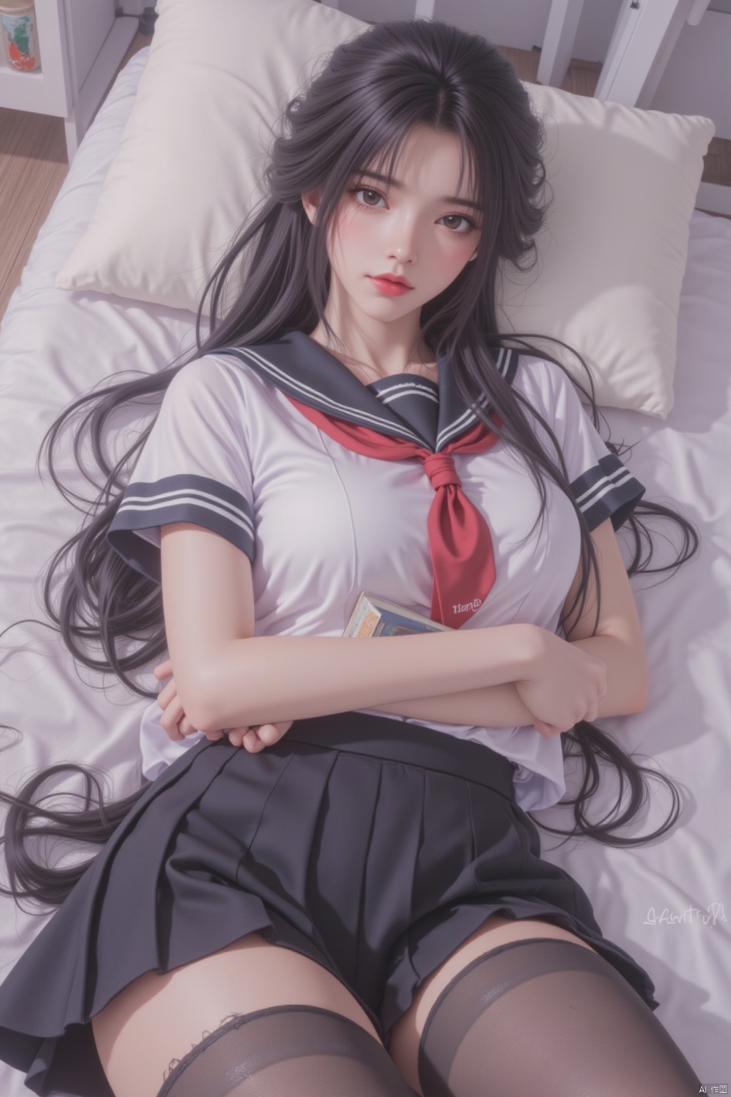 1girl, solo, long hair, looking at viewer, skirt, shirt, black hair, thighhighs, holding, brown eyes, school uniform, white shirt, short sleeves, pleated skirt, lying, serafuku, black thighhighs, indoors, on back, black skirt, sailor collar, black eyes, lips, neckerchief, pillow, book, holding book