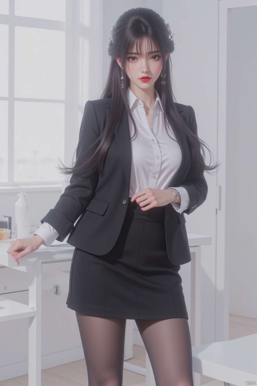 1girl, solo, long hair, breasts, looking at viewer, skirt, shirt, black hair, hair ornament, jewelry, standing, jacket, full body, white shirt, pantyhose, earrings, open clothes, collared shirt, indoors, miniskirt, black skirt, black footwear, high heels, black jacket, black pantyhose, formal, suit, pencil skirt, red lips, office lady, skirt suit