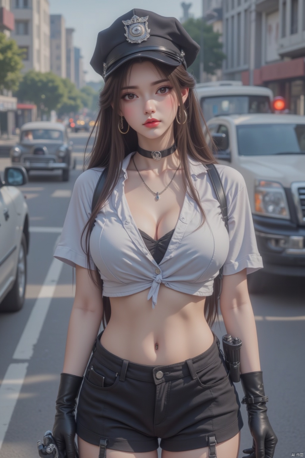 1girl, solo, long hair, breasts, looking at viewer, large breasts, brown hair, shirt, thighhighs, gloves, hat, navel, cleavage, brown eyes, jewelry, standing, weapon, short sleeves, thighs, cowboy shot, earrings, outdoors, parted lips, shorts, choker, day, black gloves, midriff, belt, black thighhighs, hand up, necklace, mole, blurry, uniform, collar, lips, crop top, gun, short shorts, black headwear, makeup, depth of field, blurry background, garter straps, black shorts, ground vehicle, building, motor vehicle, handgun, cuffs, hoop earrings, city, red lips, car, road, holster, handcuffs, police, street, police uniform, policewoman, police hat