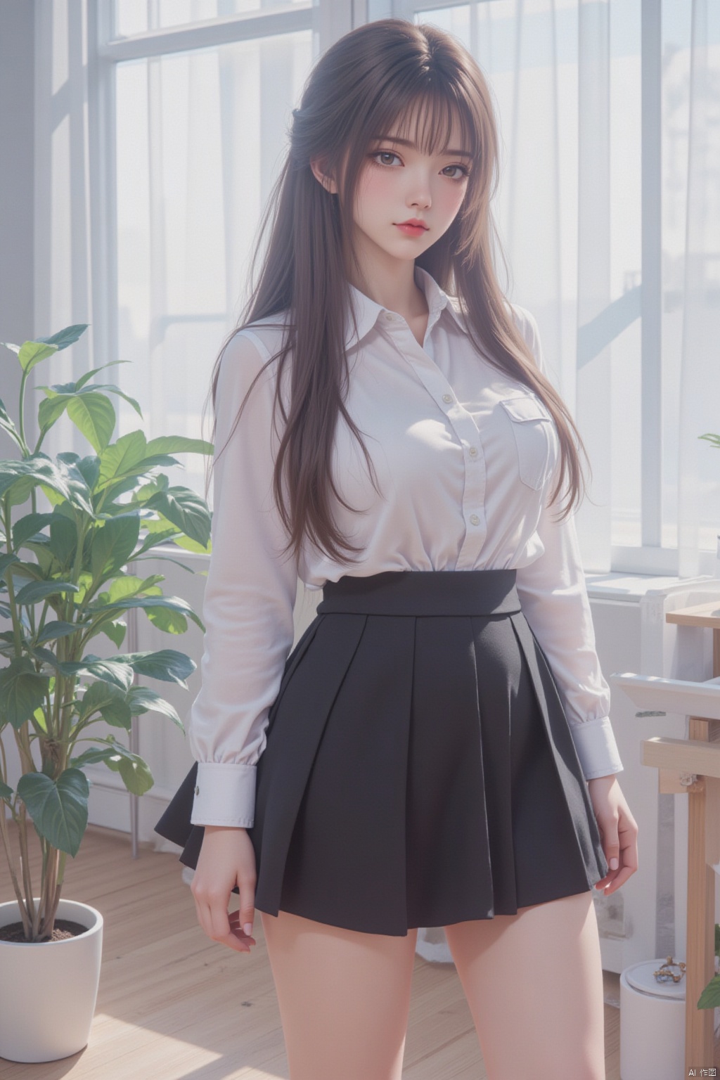 1girl, solo, long hair, looking at viewer, bangs, skirt, brown hair, shirt, long sleeves, brown eyes, standing, full body, white shirt, pleated skirt, shoes, collared shirt, indoors, black skirt, see-through, bare legs, window, white footwear, plant, curtains, potted plant