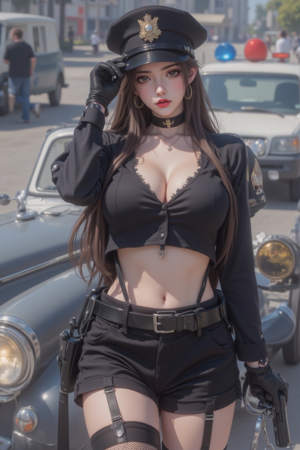 1girl, solo, long hair, breasts, looking at viewer, large breasts, brown hair, shirt, thighhighs, gloves, hat, navel, cleavage, brown eyes, jewelry, standing, weapon, short sleeves, thighs, cowboy shot, earrings, outdoors, parted lips, shorts, choker, day, black gloves, midriff, belt, black thighhighs, hand up, necklace, mole, blurry, uniform, collar, lips, crop top, gun, short shorts, black headwear, makeup, depth of field, blurry background, garter straps, black shorts, ground vehicle, building, motor vehicle, handgun, cuffs, hoop earrings, city, red lips, car, road, holster, handcuffs, police, street, police uniform, policewoman, police hat