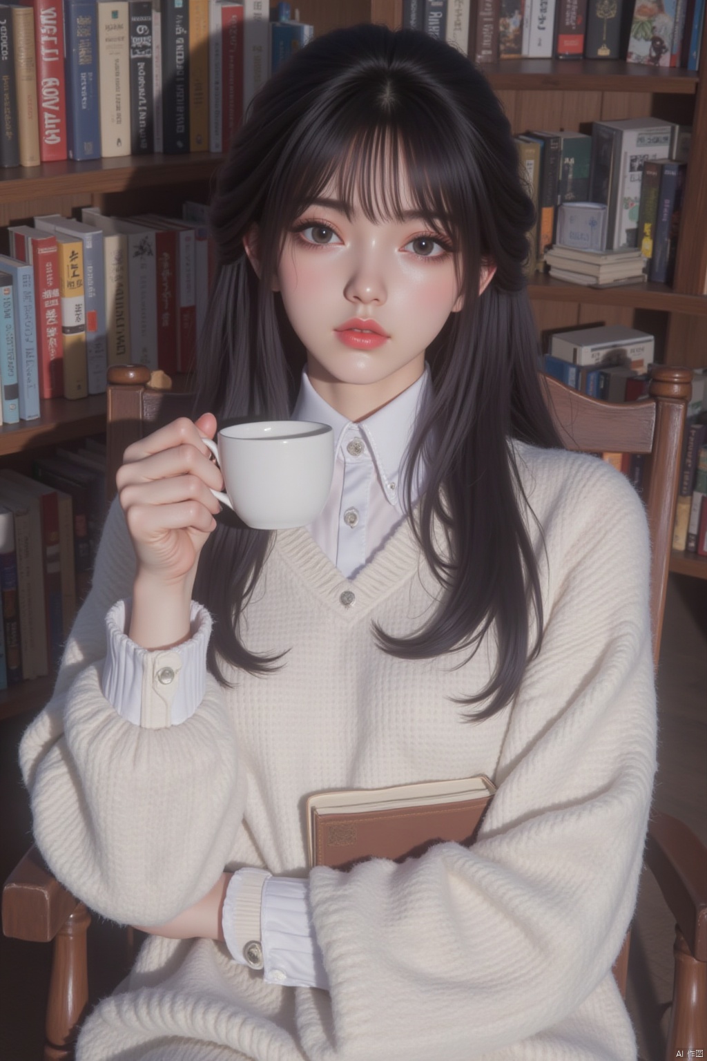 1girl, solo, long hair, looking at viewer, bangs, black hair, long sleeves, holding, sitting, white shirt, upper body, indoors, black eyes, sweater, cup, lips, book, chair, holding cup, holding book, teacup, bookshelf, white sweater, shelf, library