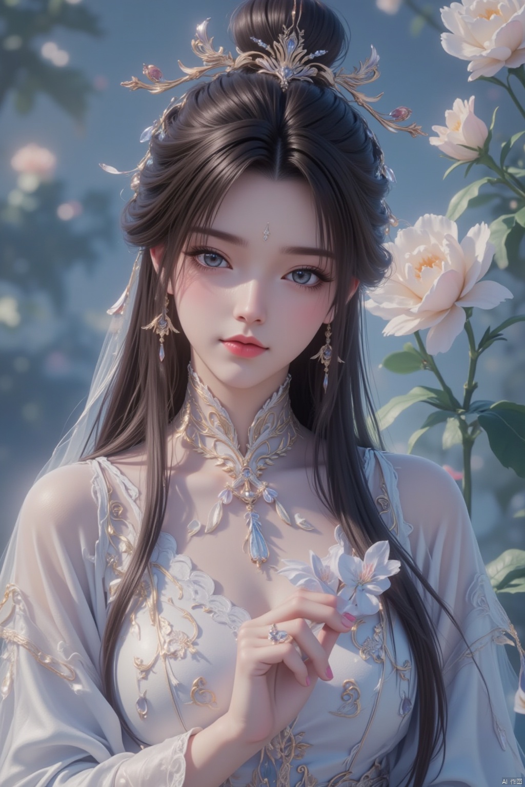 1girl, solo, looking at viewer, blue eyes, brown hair, black hair, hair ornament, long sleeves, dress, holding, jewelry, upper body, flower, earrings, necklace, hair bun, blurry, blurry background, chinese clothes, single hair bun, hanfu