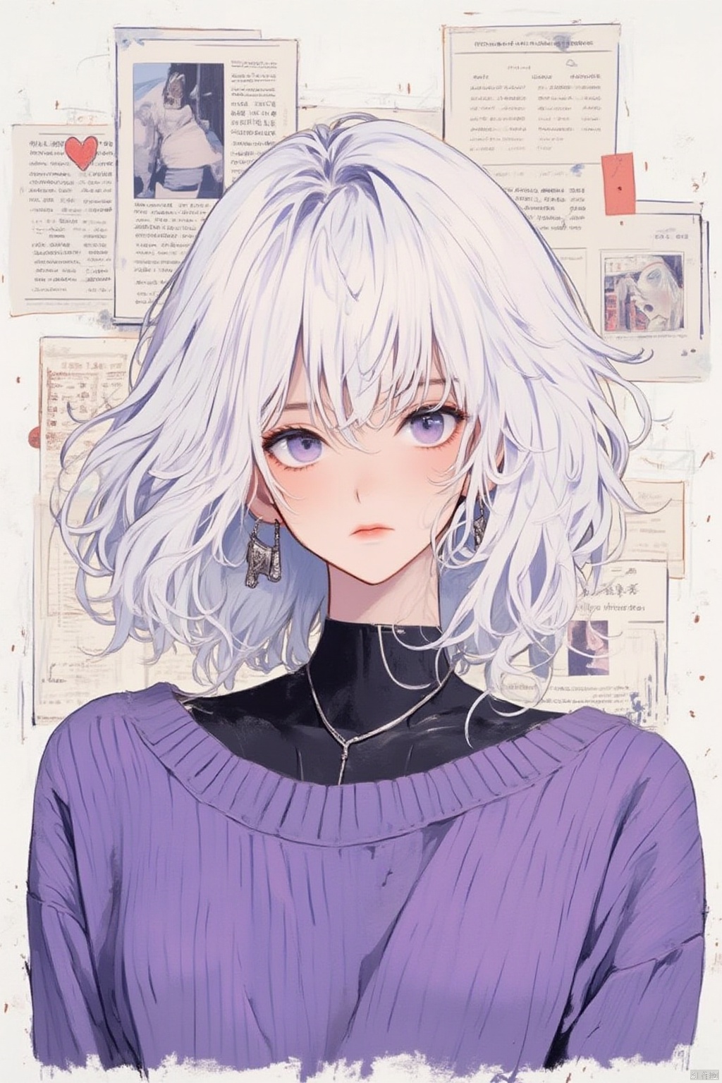 1girl, solo, looking at viewer, short hair, bangs, shirt, jewelry, closed mouth, purple eyes, upper body, white hair, earrings, medium hair, necklace, sweater, traditional media, purple shirt, purple sweater