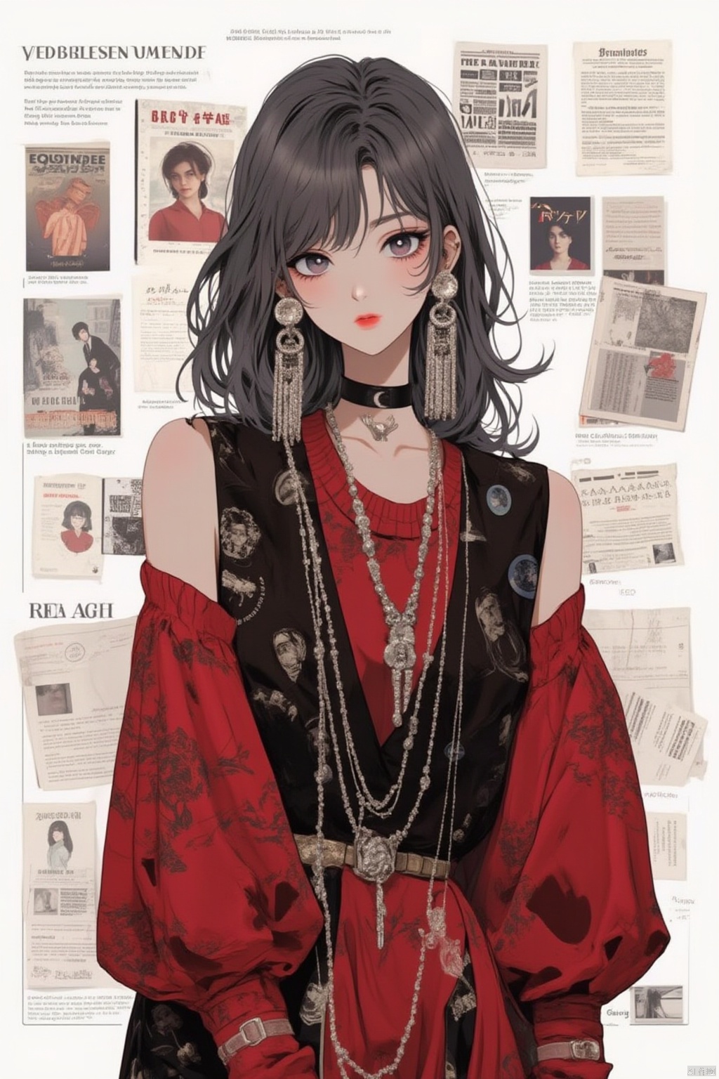 1girl, solo, long hair, looking at viewer, shirt, black hair, jewelry, upper body, earrings, choker, necklace, black eyes, vest, grey eyes, makeup, black choker, piercing, red shirt, ear piercing, red lips
