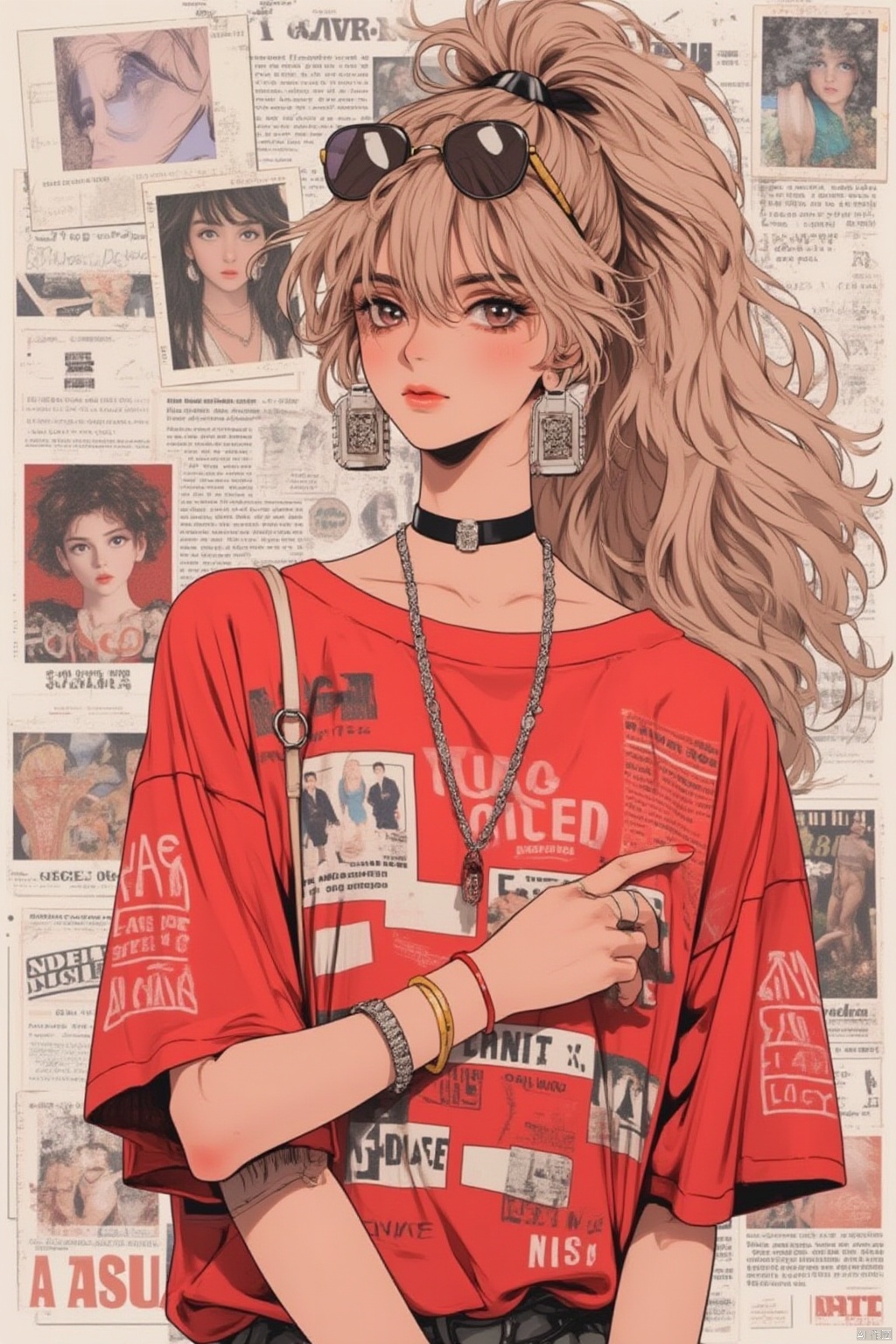 1girl, solo, long hair, looking at viewer, brown hair, shirt, brown eyes, jewelry, upper body, ponytail, short sleeves, earrings, choker, necklace, nail polish, bracelet, english text, black choker, sunglasses, ring, red shirt, watch, print shirt