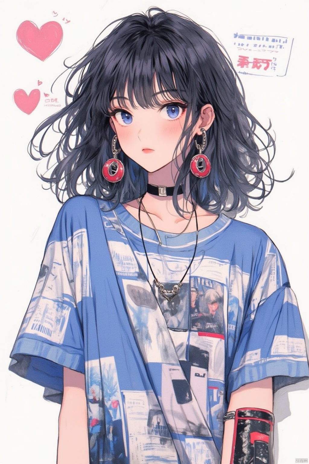 1girl, solo, long hair, looking at viewer, blush, bangs, blue eyes, shirt, black hair, jewelry, upper body, short sleeves, heart, earrings, choker, medium hair, necklace, black choker, blue shirt, print shirt