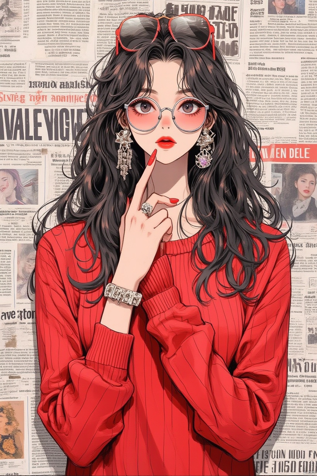 1girl, solo, long hair, looking at viewer, black hair, long sleeves, jewelry, upper body, earrings, parted lips, glasses, nail polish, black eyes, sweater, lips, makeup, wavy hair, sunglasses, lipstick, red nails, round eyewear, red lips, red sweater, newspaper