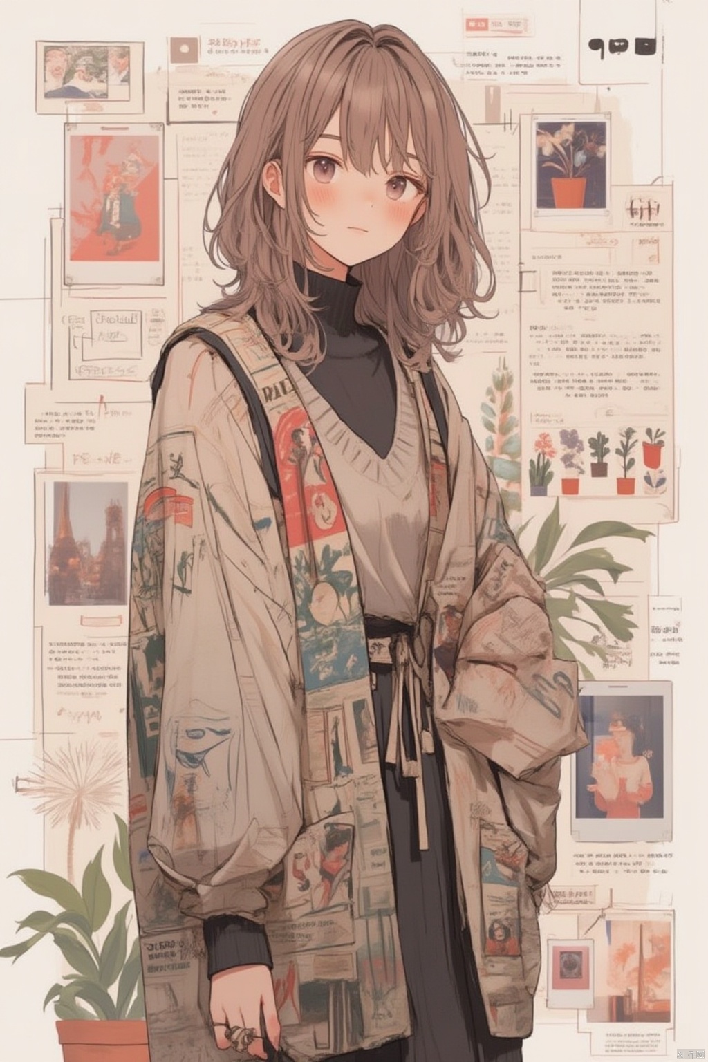 1girl, solo, looking at viewer, blush, smile, short hair, bangs, skirt, brown hair, long sleeves, brown eyes, closed mouth, standing, jacket, braid, cowboy shot, open clothes, black skirt, medium hair, bag, sweater, open jacket, turtleneck, plant, shoulder bag, turtleneck sweater, potted plant, photo \(object\)