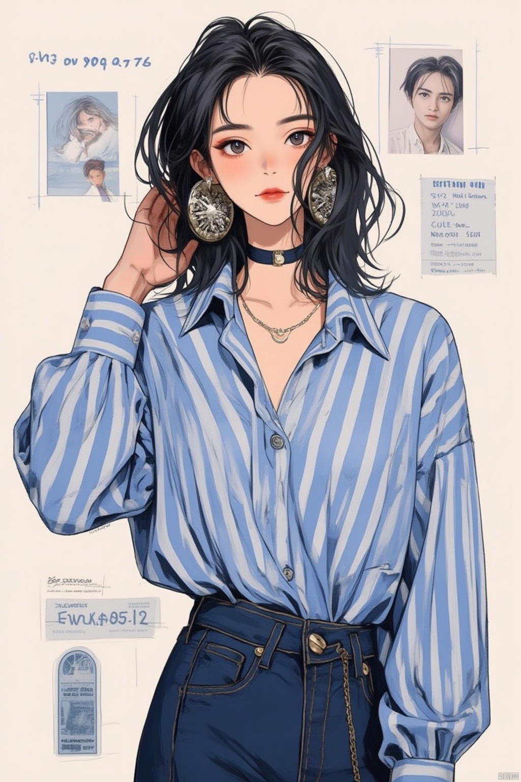 1girl, solo, looking at viewer, shirt, black hair, long sleeves, jewelry, upper body, earrings, choker, striped, collared shirt, pants, hand up, medium hair, necklace, blue shirt, hand in own hair, striped shirt, hoop earrings, shirt tucked in