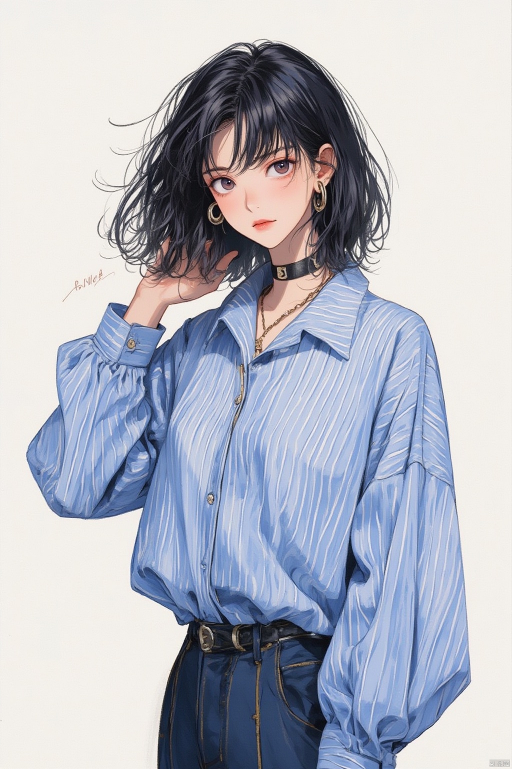 1girl, solo, looking at viewer, shirt, black hair, long sleeves, jewelry, upper body, earrings, choker, striped, collared shirt, pants, hand up, medium hair, necklace, blue shirt, hand in own hair, striped shirt, hoop earrings, shirt tucked in