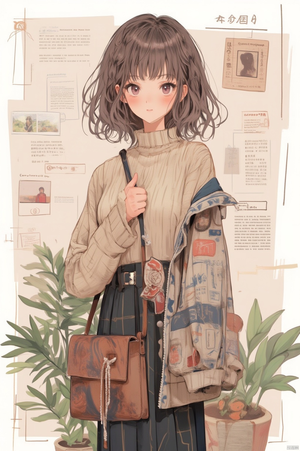 1girl, solo, looking at viewer, blush, smile, short hair, bangs, skirt, brown hair, long sleeves, brown eyes, closed mouth, standing, jacket, braid, cowboy shot, open clothes, black skirt, medium hair, bag, sweater, open jacket, turtleneck, plant, shoulder bag, turtleneck sweater, potted plant, photo \(object\)