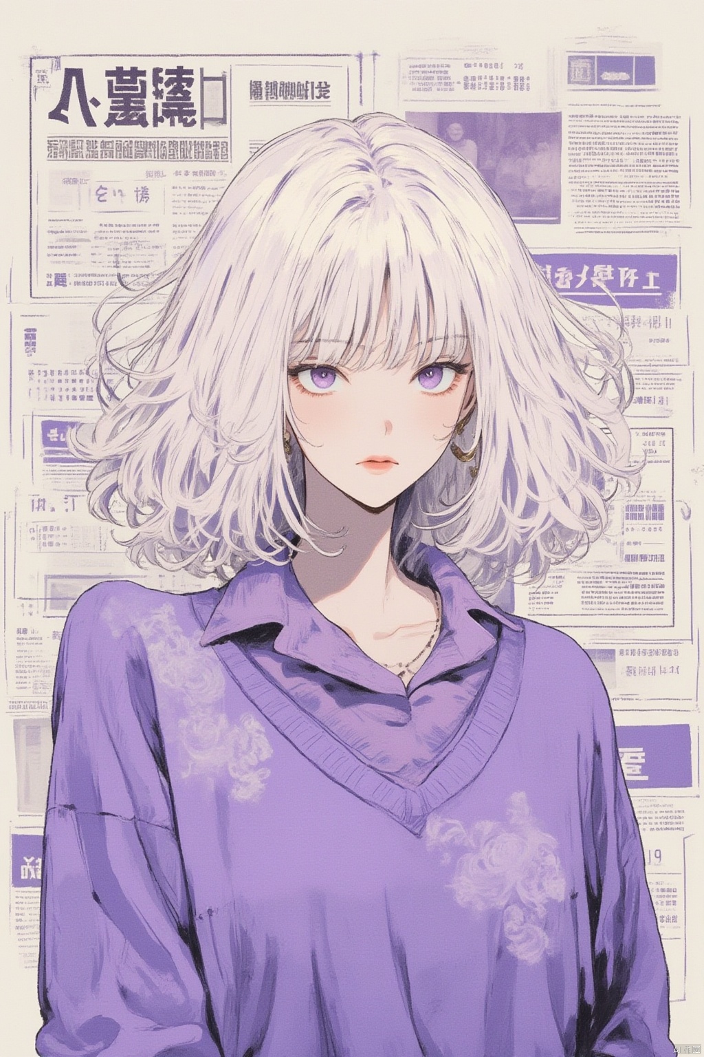 1girl, solo, looking at viewer, short hair, bangs, shirt, jewelry, closed mouth, purple eyes, upper body, white hair, earrings, medium hair, necklace, sweater, traditional media, purple shirt, purple sweater