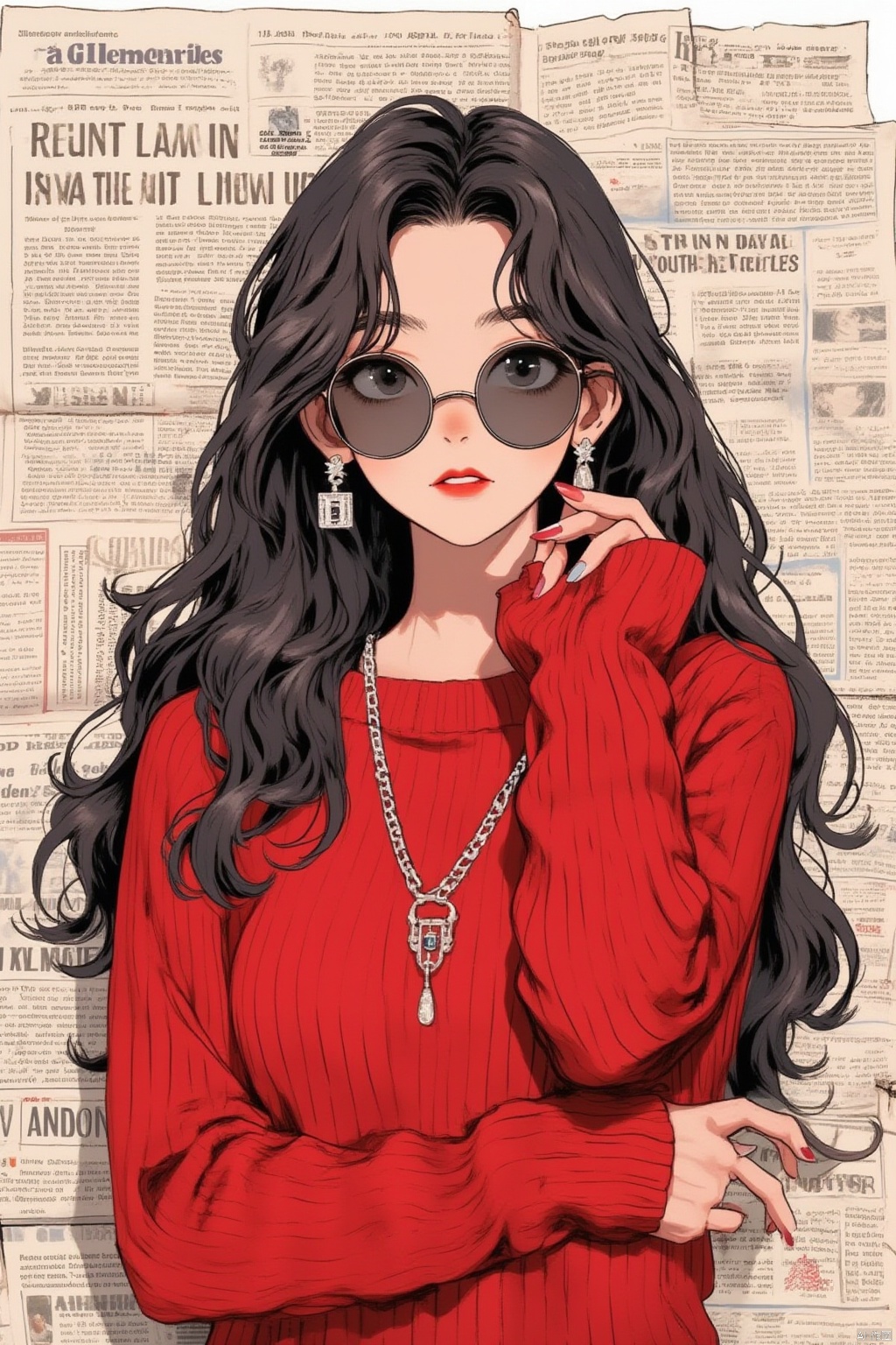 1girl, solo, long hair, looking at viewer, black hair, long sleeves, jewelry, upper body, earrings, parted lips, glasses, nail polish, black eyes, sweater, lips, makeup, wavy hair, sunglasses, lipstick, red nails, round eyewear, red lips, red sweater, newspaper